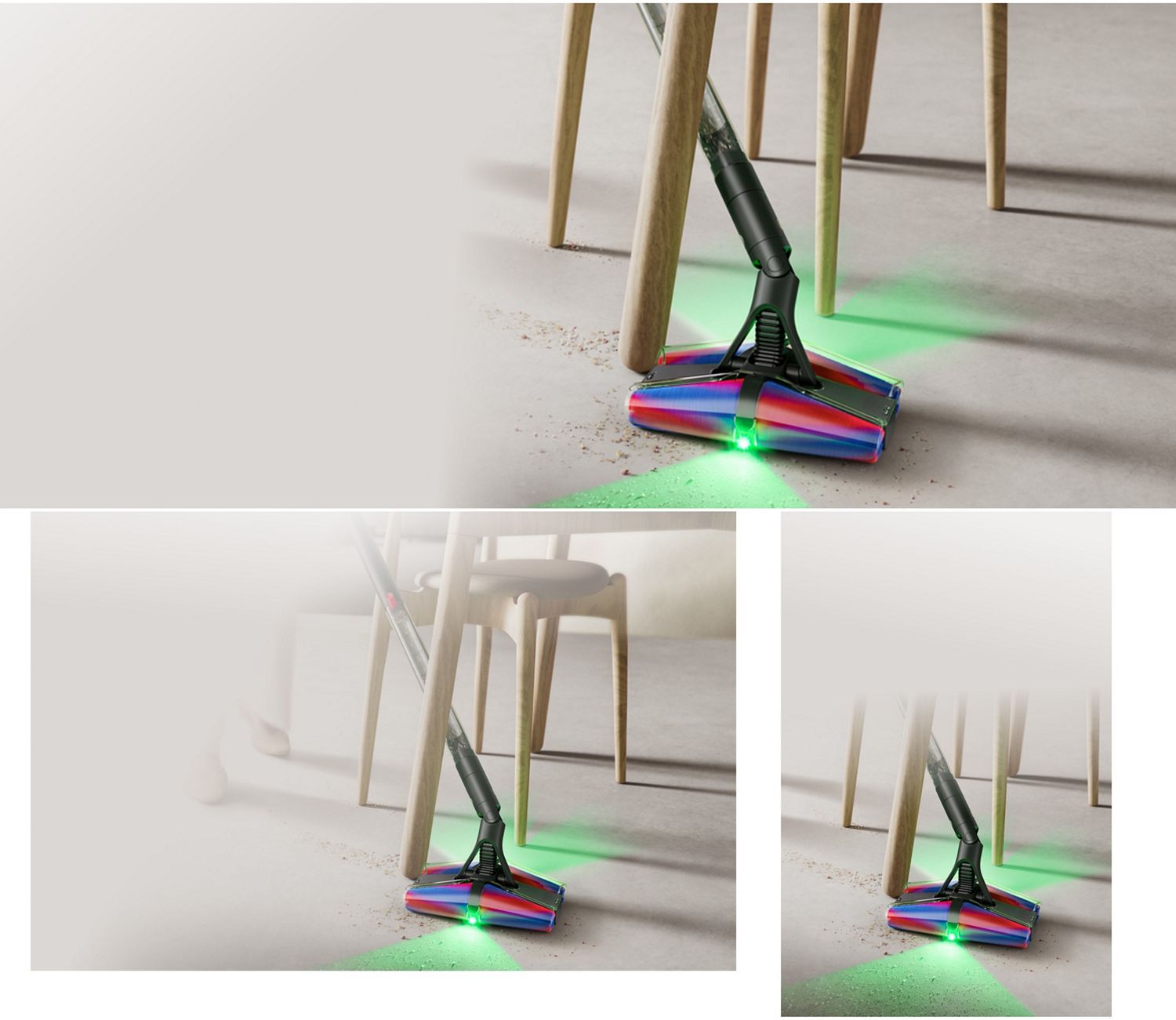The Dyson PencilVac Fluffycones cleaner is used to clean under a low sofa.