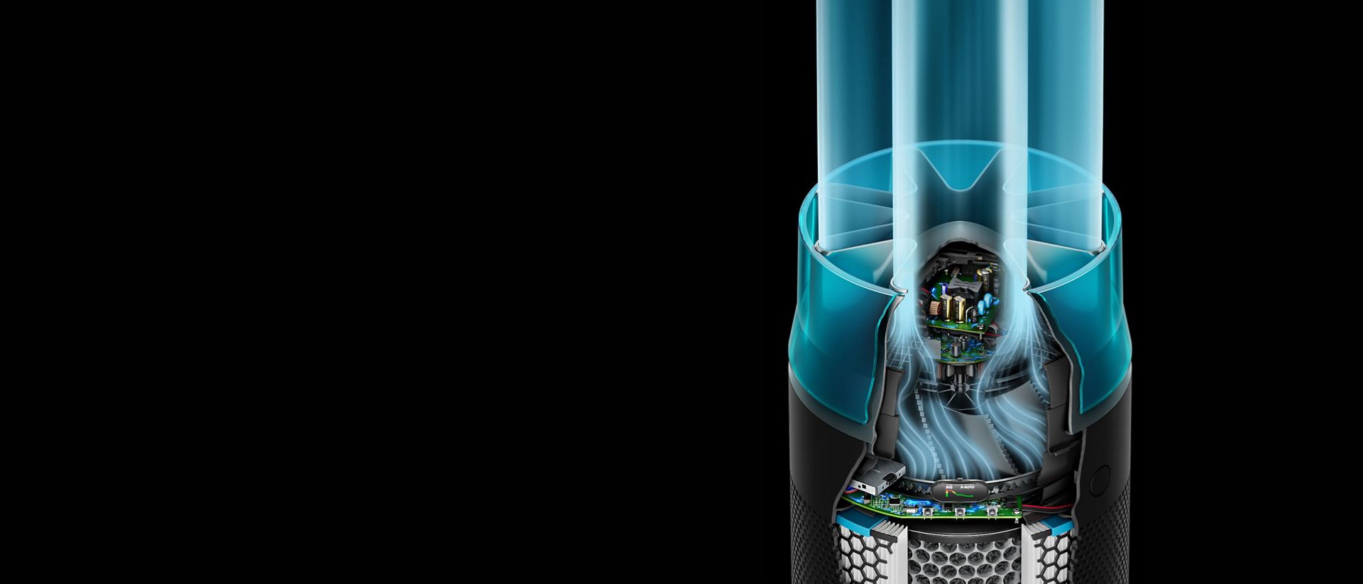 Dyson HushJet Kompakt Hava Temizleyicinin yıldız şeklindeki sessiz tasarımı.