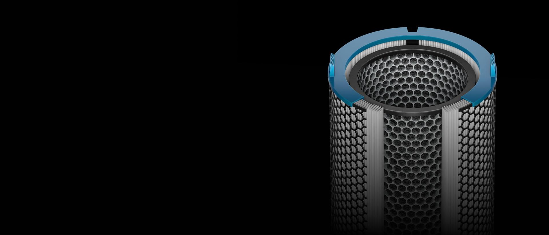 Dyson HushJet Kompakt Hava Temizleyicinin çift katmanlı filtrelemesi; havadaki alerjen, kirletici, koku ve gazları temizler.