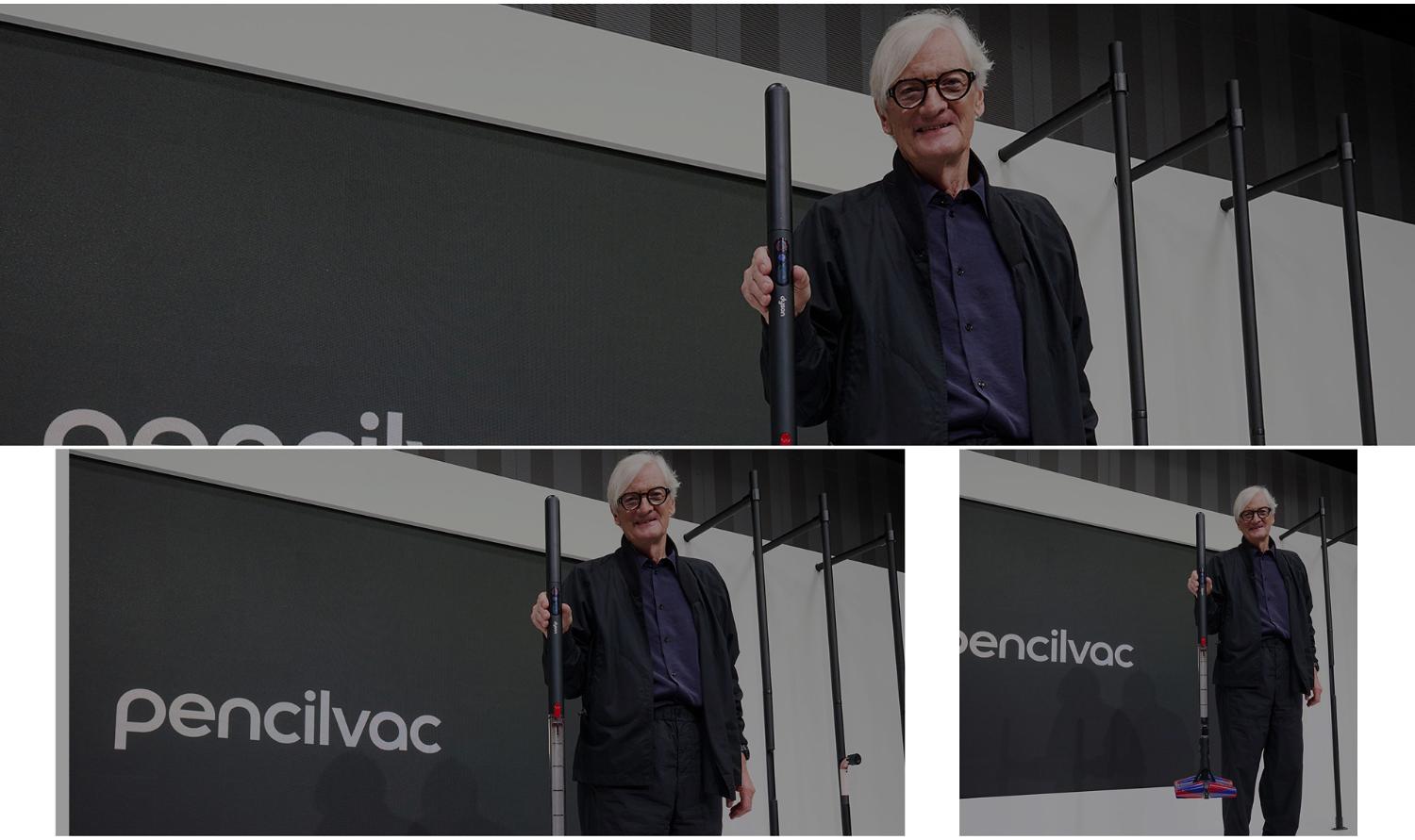 Sir James Dyson unveils the Dyson PencilVac cordless vacuum at an event.