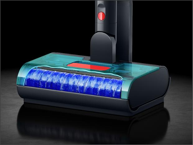 High-density roller tackles spills, debris and hair. 84,000 microfibre filaments creates a streak-free finish. Nylon bristles lift and collect hair of any kind. showing the Twin-capture system inside the Dyson Nurovi vacuums.