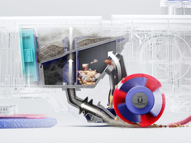 Imagen seccionada que muestra el sistema Twin-capture dentro de las aspiradoras Dyson Nurovi.