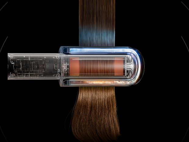 Cutaway shows the copper pipes inside the Dyson Corrale CoolShine hair straightener.