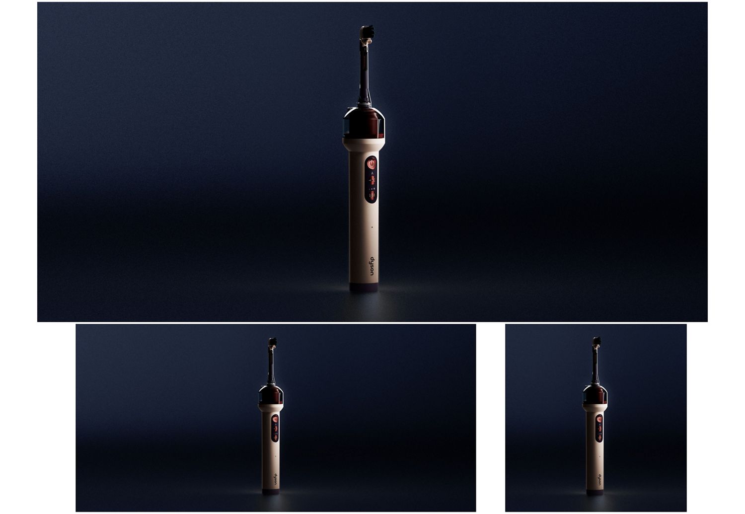 暗い背景に置かれたDyson CameraJet電動歯ブラシ。
