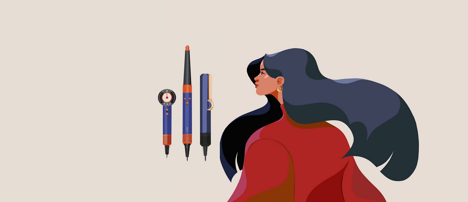 Dessin d'une femme avec la gamme soin des cheveux Dyson