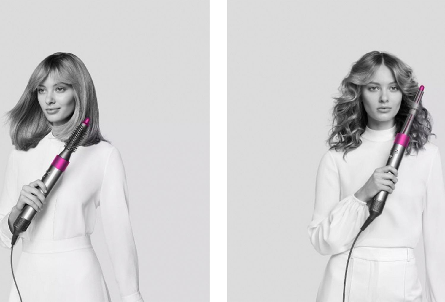 Two models using the new Dyson Airwrap styler attachments.