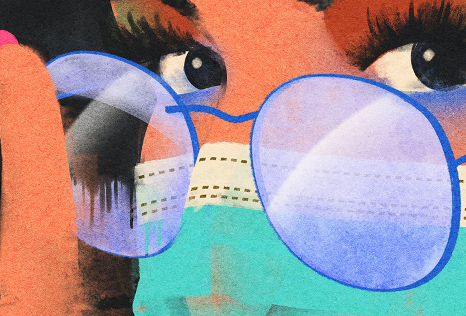 A woman wears a mask with glasses.