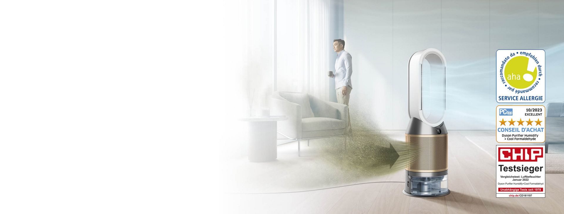 Des polluants capturés par le ventilateur purificateur humidifiant Dyson et un air purifié expulsé