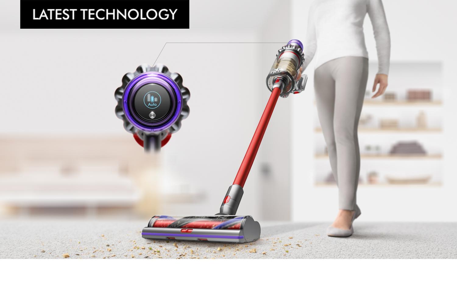 Dyson V11 vacuum cleaner vacuuming carpet and hardfloor