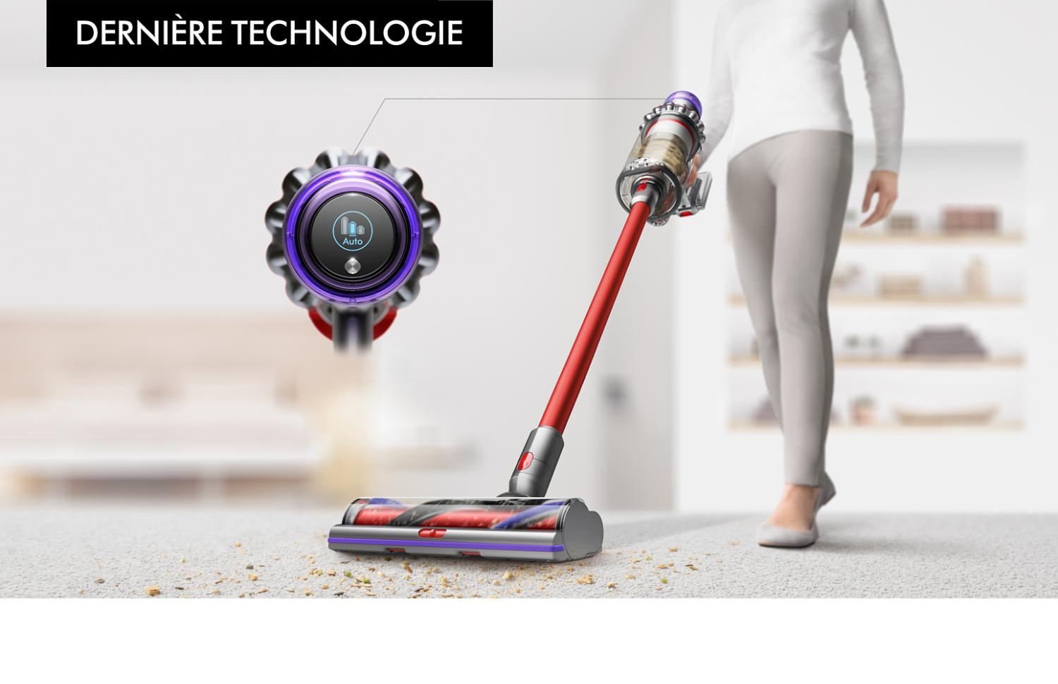 Aspirateur Dyson V11 sur un tapis et sur un plancher dur