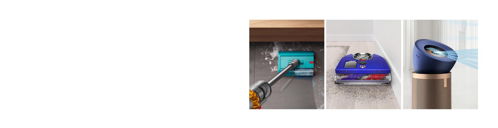 zbliżenie na odkurzacz z funkcją aktywnego mycia Dyson V15s Submarine, robot sprzątającego Dyson 360 Vis Nav oraz oczyszczacz powietrza Dyson Purifier Big+Quiet Formaldehyde