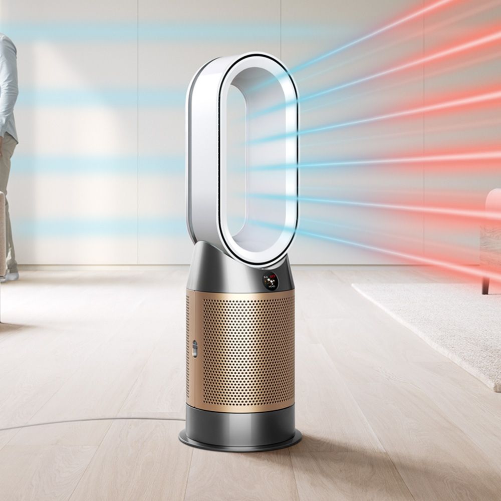 The Dyson HP09 air purifier fan heater purifies and heats air in a home.