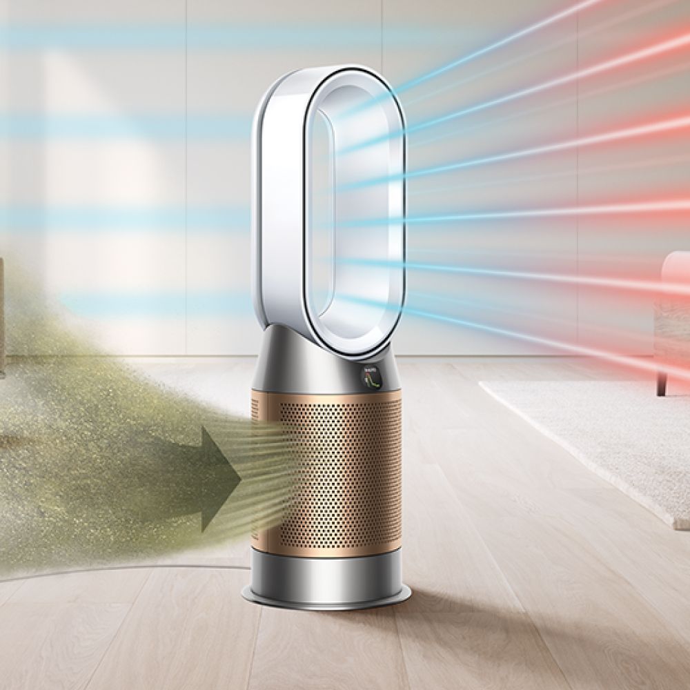 The Dyson HP09 air purifier fan heater purifies and heats air in a home.