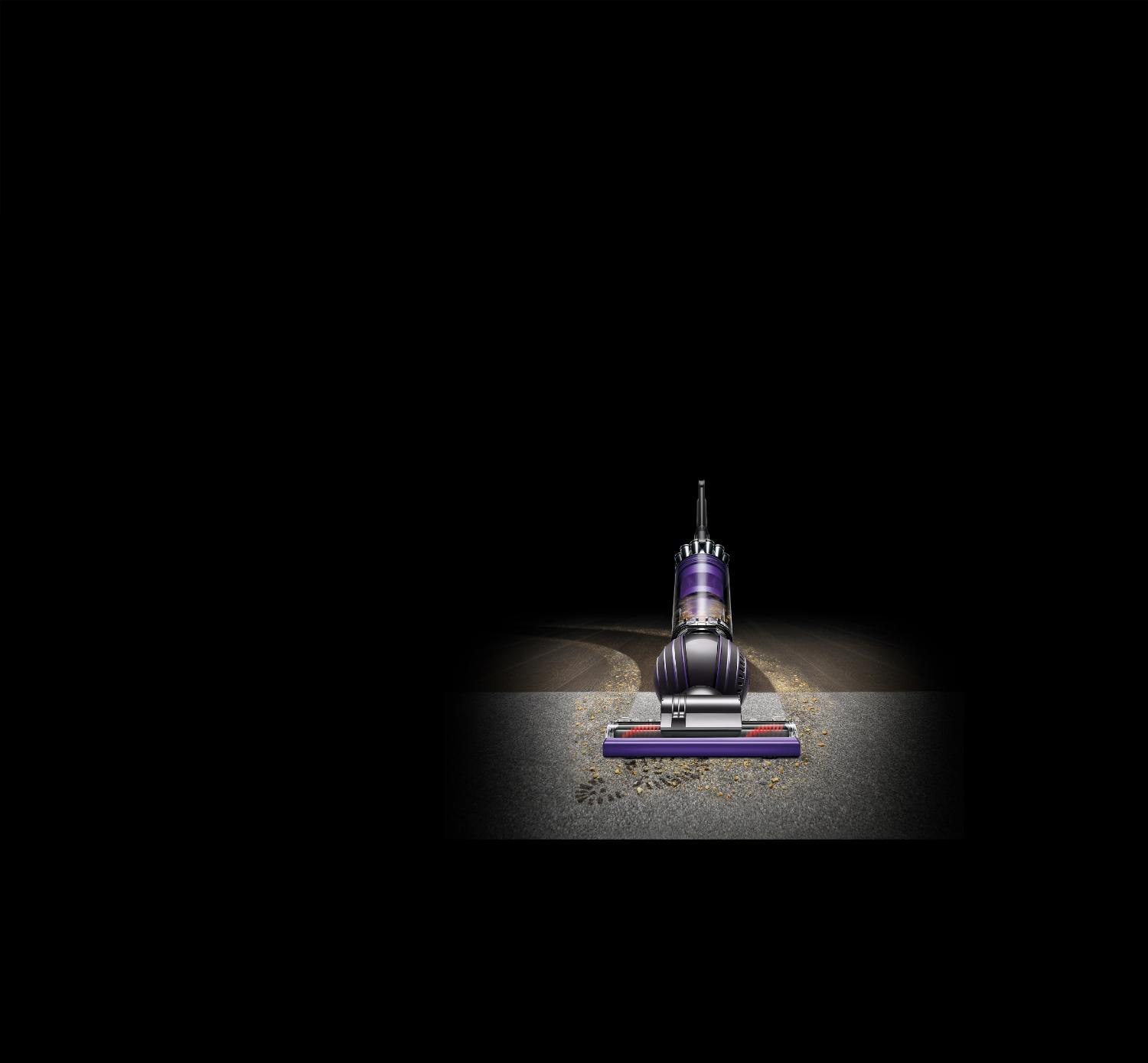 A Dyson Ball Animal 2 vacuum cleaner vacuuming debris on carpet and hard floor