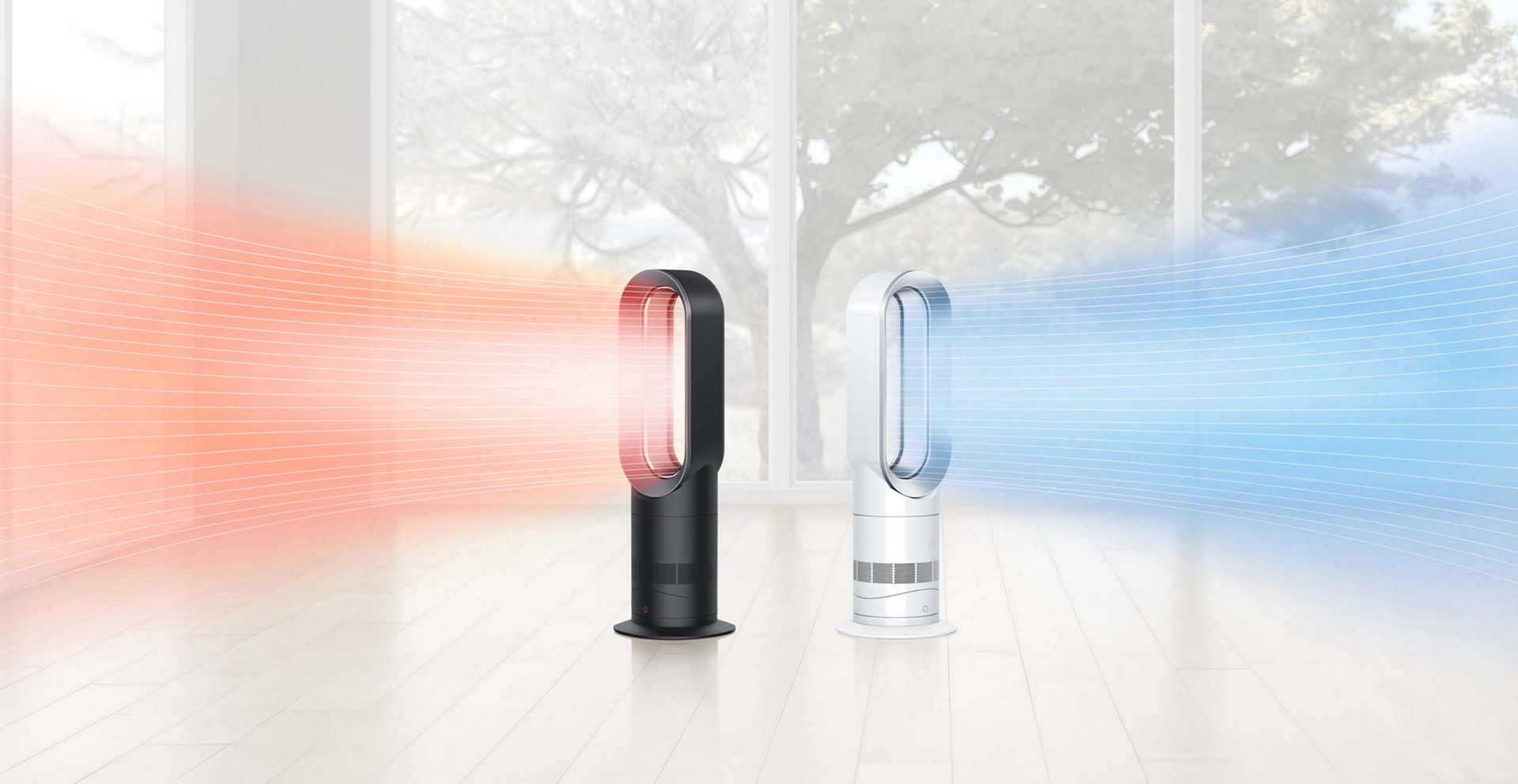 A white colourway and a black colourway of the Dyson Hot+Cool fan heater