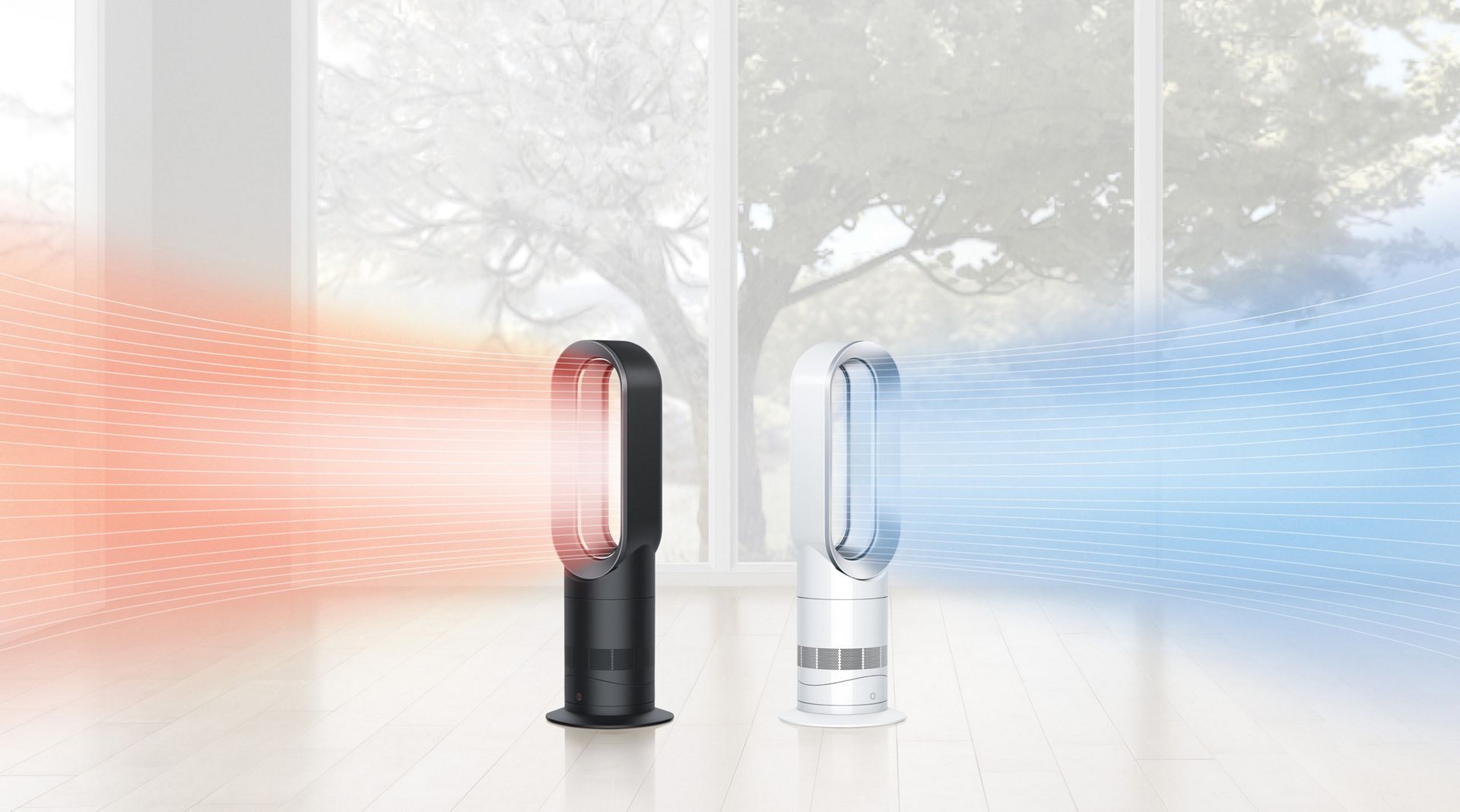 Two Dyson Hot+Cool fan heaters with one projecting warm air and the other projecting cool air