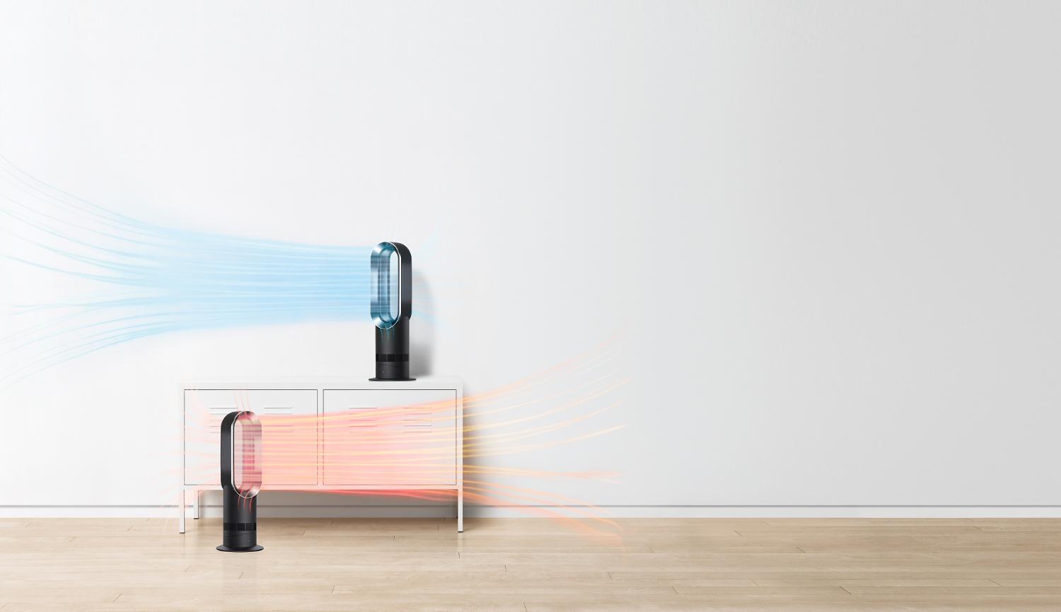 Dyson Hot Cool fan heaters on floor and table
