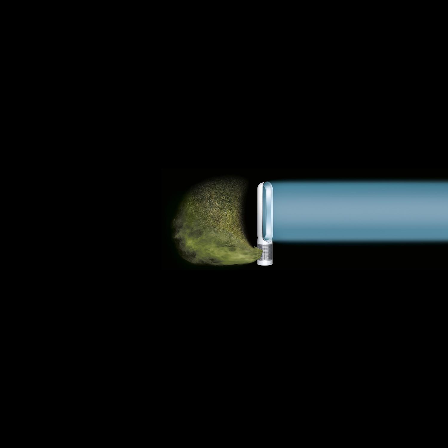 The Dyson Pure Cool Link purifying tower fan capturing harmful pollutants and projecting purified air