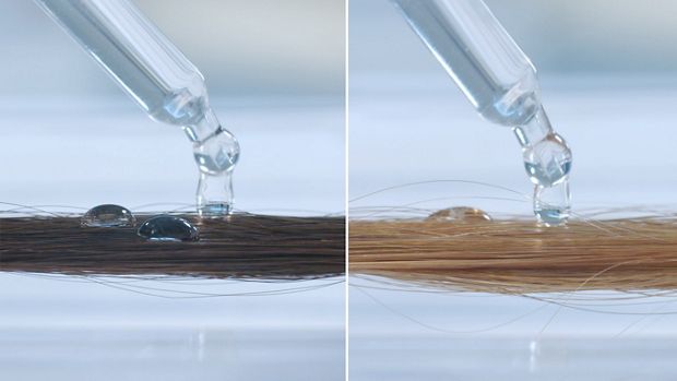 손상된 모발이 건강한 모발보다 수분을 얼마나 더 빠르게 흡수하는지 확인하세요. 빠른 수분 흡수는 모발을 약하게 합니다.