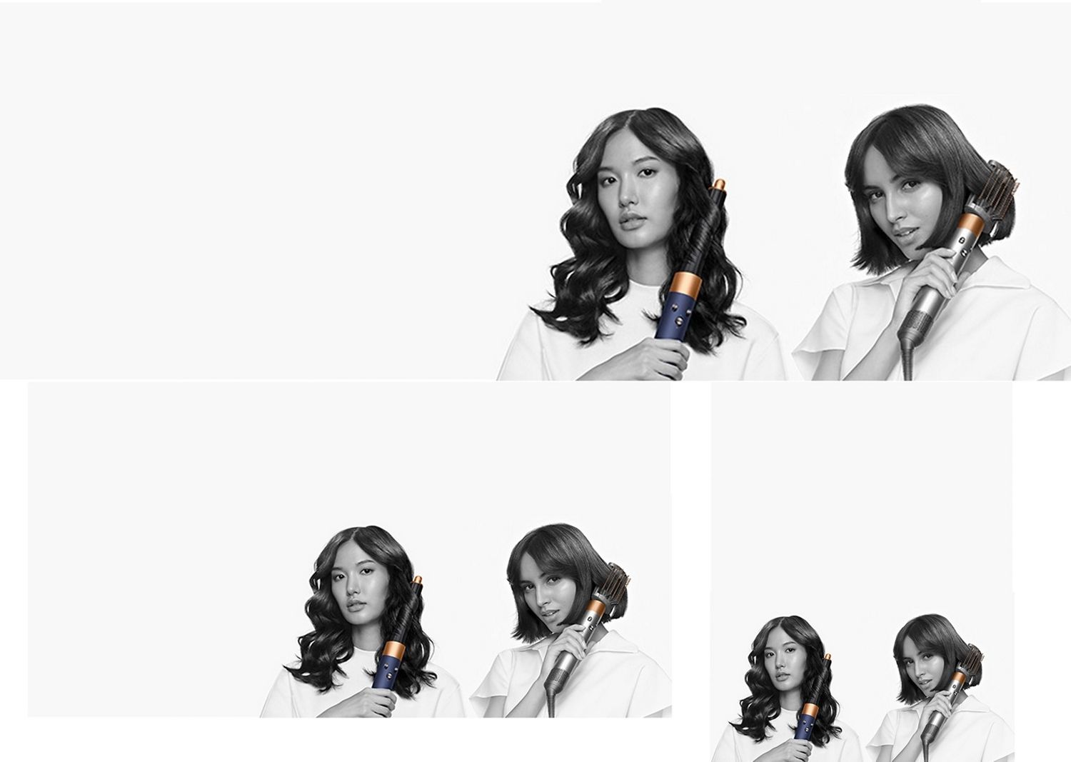 Zwei Models mit unterschiedlichen Haartypen stylen ihre Haare mit dem Dyson Airwrap Multi-Haarstyler und -trockner.