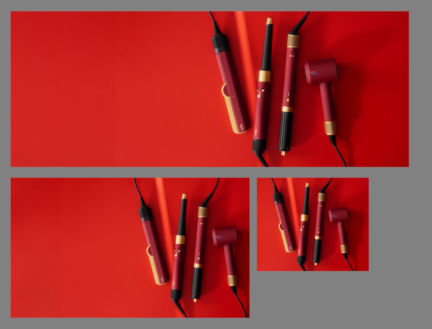 The Dyson Supersonic Nural hair dryer in Jasper plum surrounded by attachments and accessories.