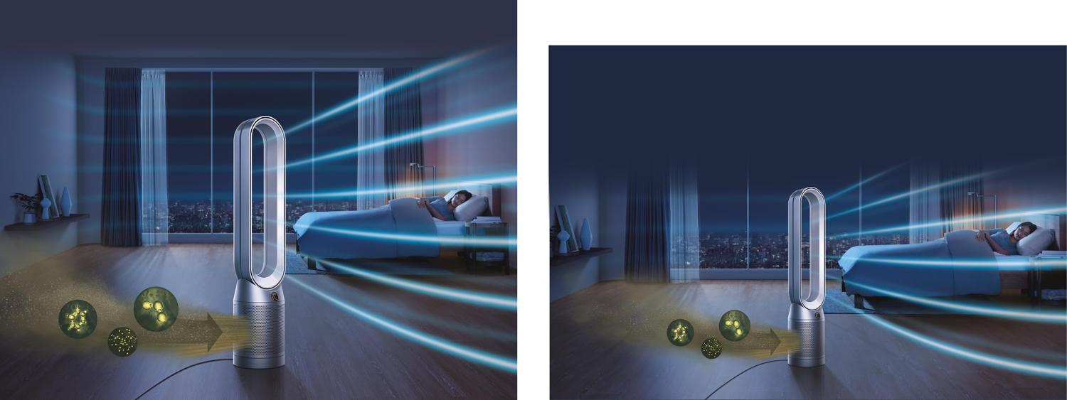 Ein Dyson Luftreiniger in einem Schlafzimmer über Nacht. Der Luftreiniger zieht Schadstoffe aus der Luft in das Gerät und verteilt einen Luftstrom aus gereinigter Luft. Ein Symbol mit drei Arten von Schadstoffen ist im Vordergrund zu sehen.