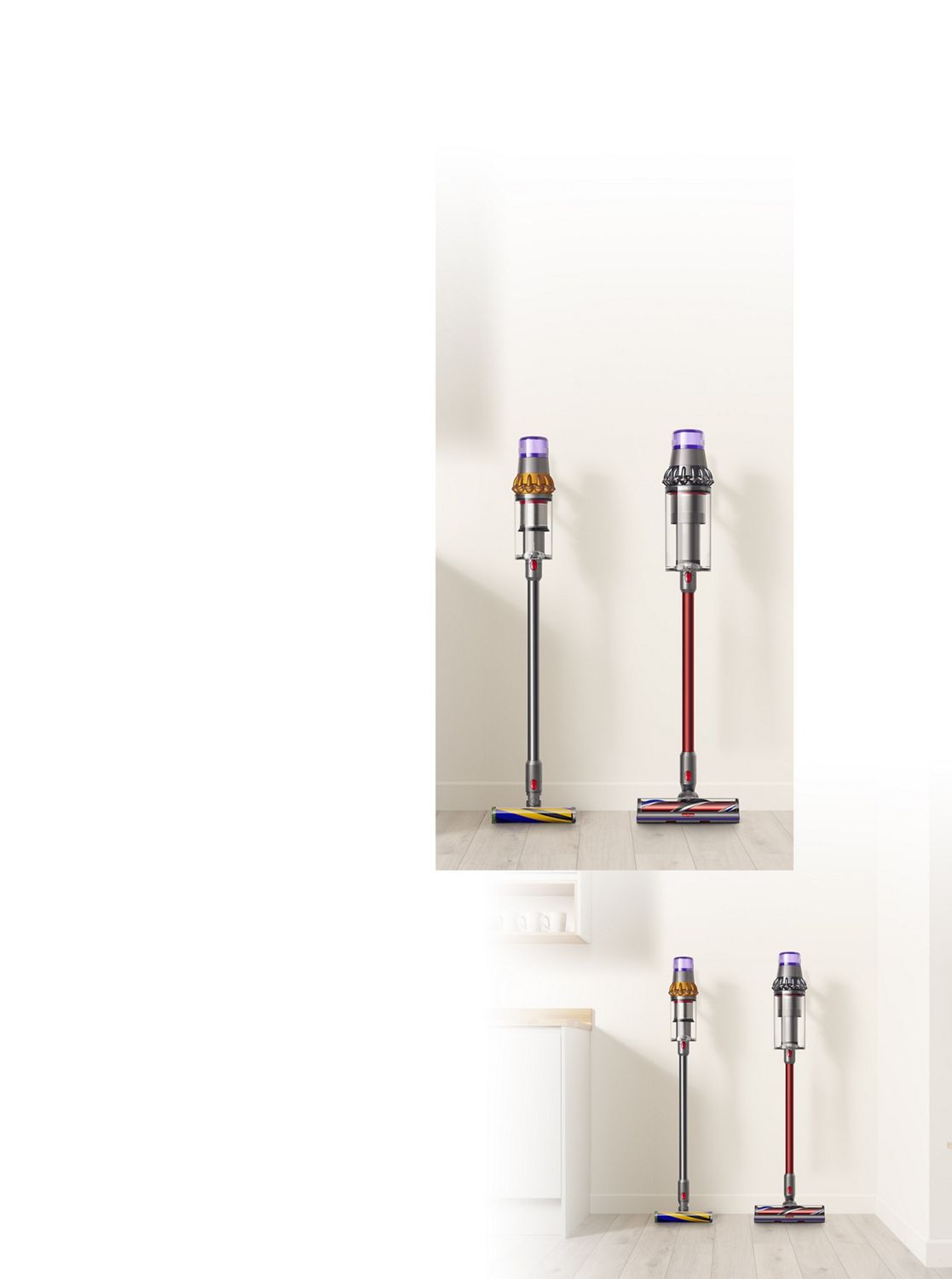 Ein Dyson V15 Detect kabelloser Staubsauger neben einem Dyson Outsize kabellosen Staubsauger