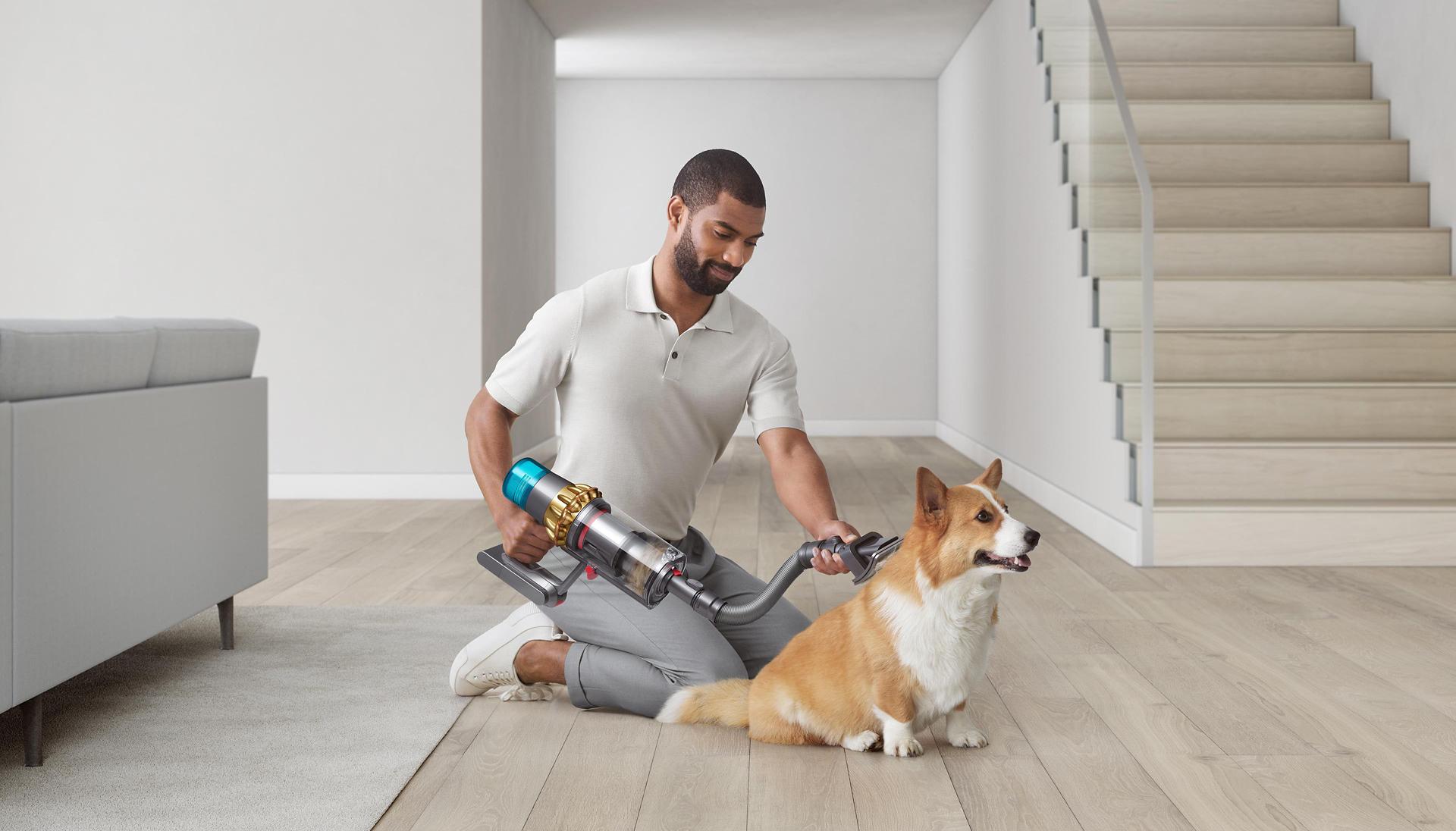 Mężczyzna podczas groominga psa z użyciem odkurzacza bezprzewodowego Dyson