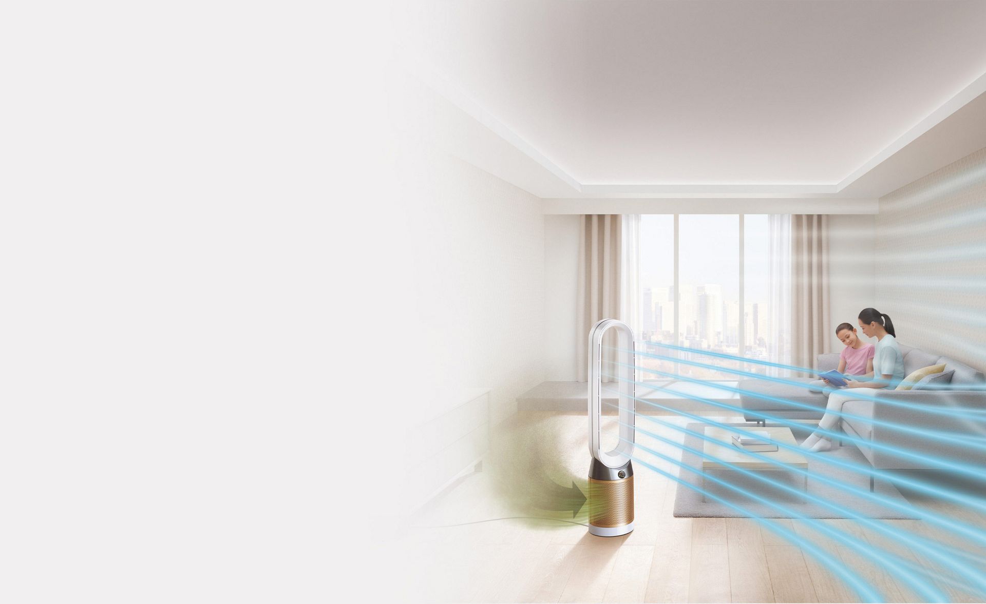 Dyson air purifier trapping allergens and circulating cleaner air in living room