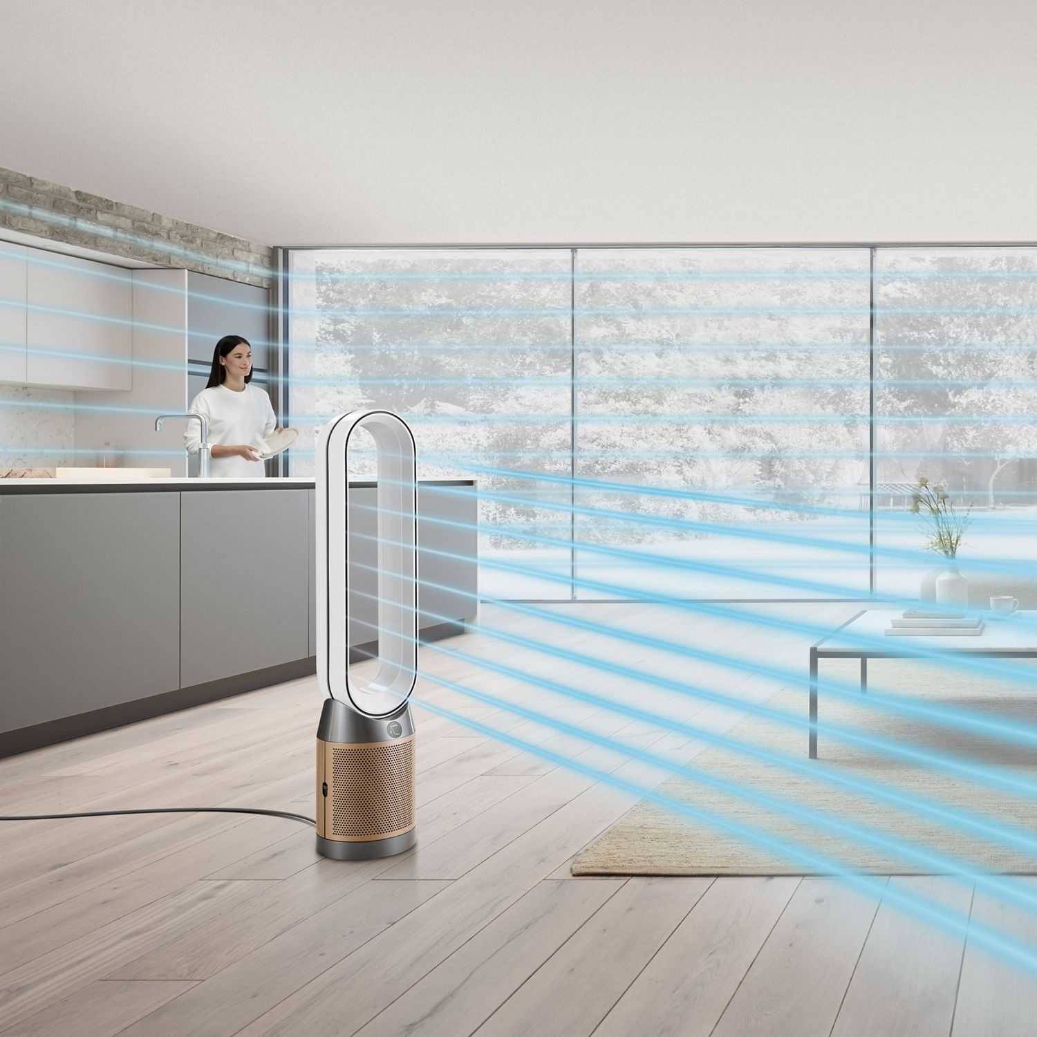 Dyson air purifier purifying indoor air in open plan kitchen living room