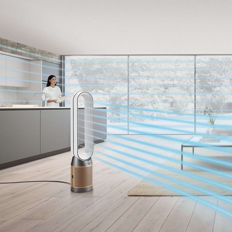 Dyson air purifier purifying indoor air in open plan kitchen living room