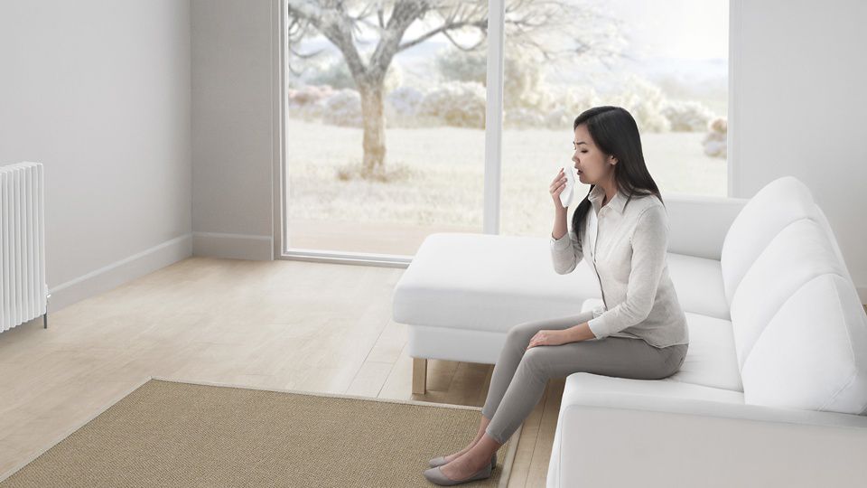 Women in living room with pollen outside