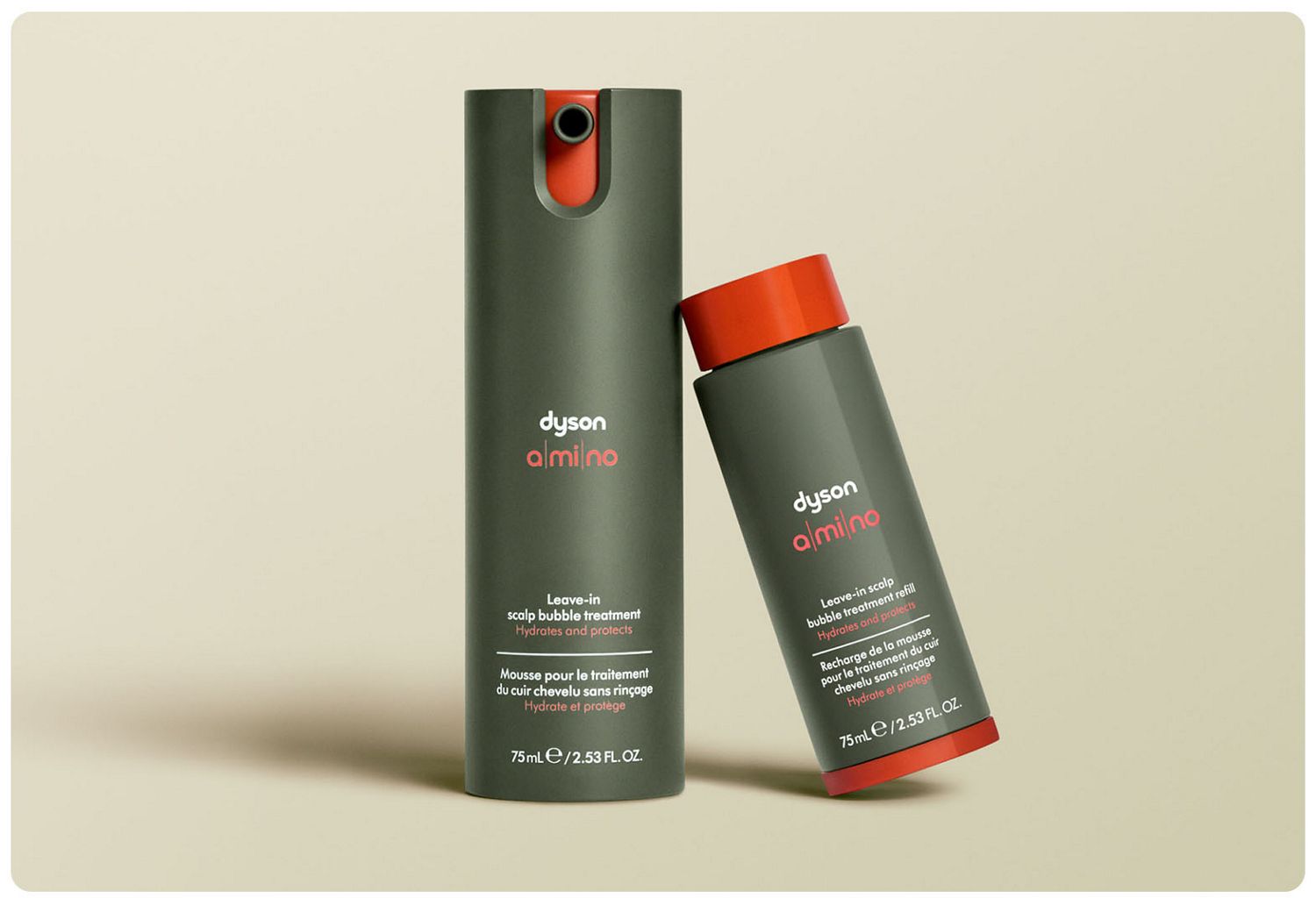 Two Dyson Amino leave-in scalp bubble treatment bottles stood next to each other