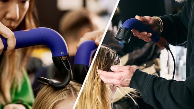 Kolaż przedstawiający suszarkę supersonic r używaną podczas stylizacji włosow przez stylistów