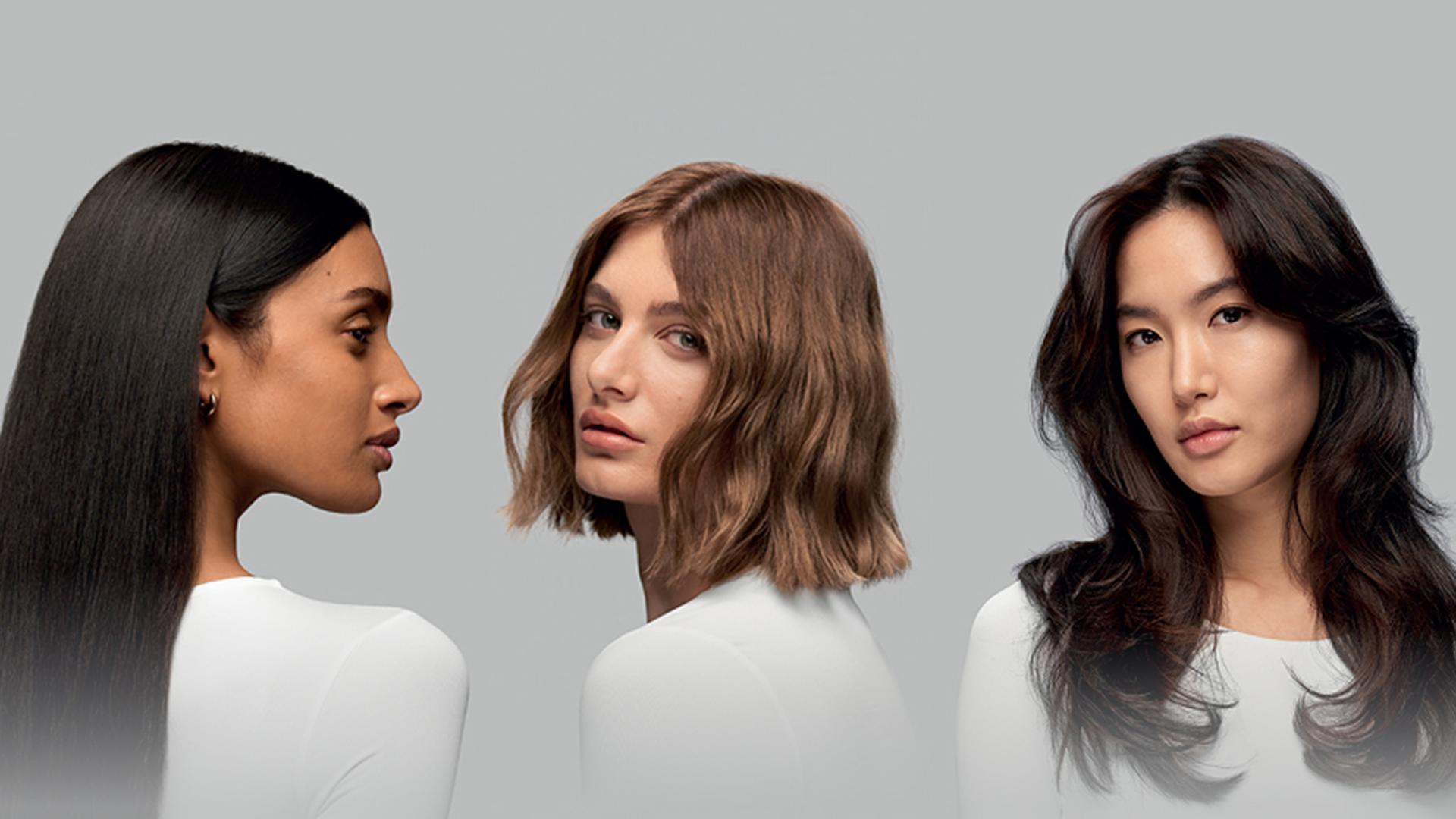 Trzy modelki ze stylizacjami wykonanymi suszarką Supersonic r (od lewej): XL Sleek, Textured Bob, S-Shaped Blowout.