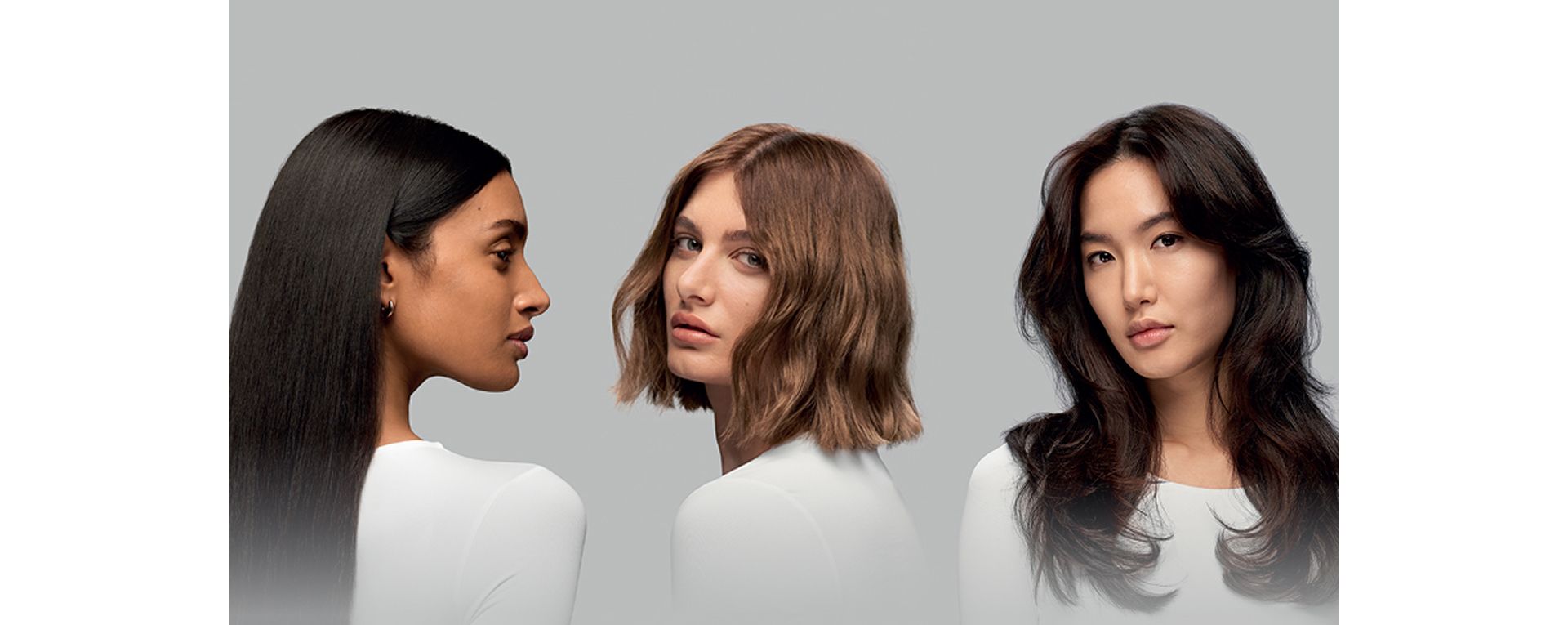 Trzy modelki ze stylizacjami wykonanymi suszarką Supersonic r (od lewej): XL Sleek, Textured Bob, S-Shaped Blowout.