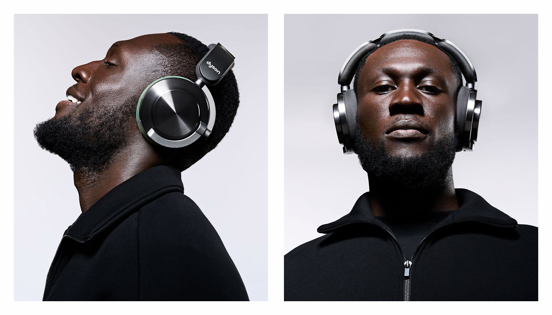 Stormzy wearing his Dyson OnTrac CNC Black Nickel headphones. 