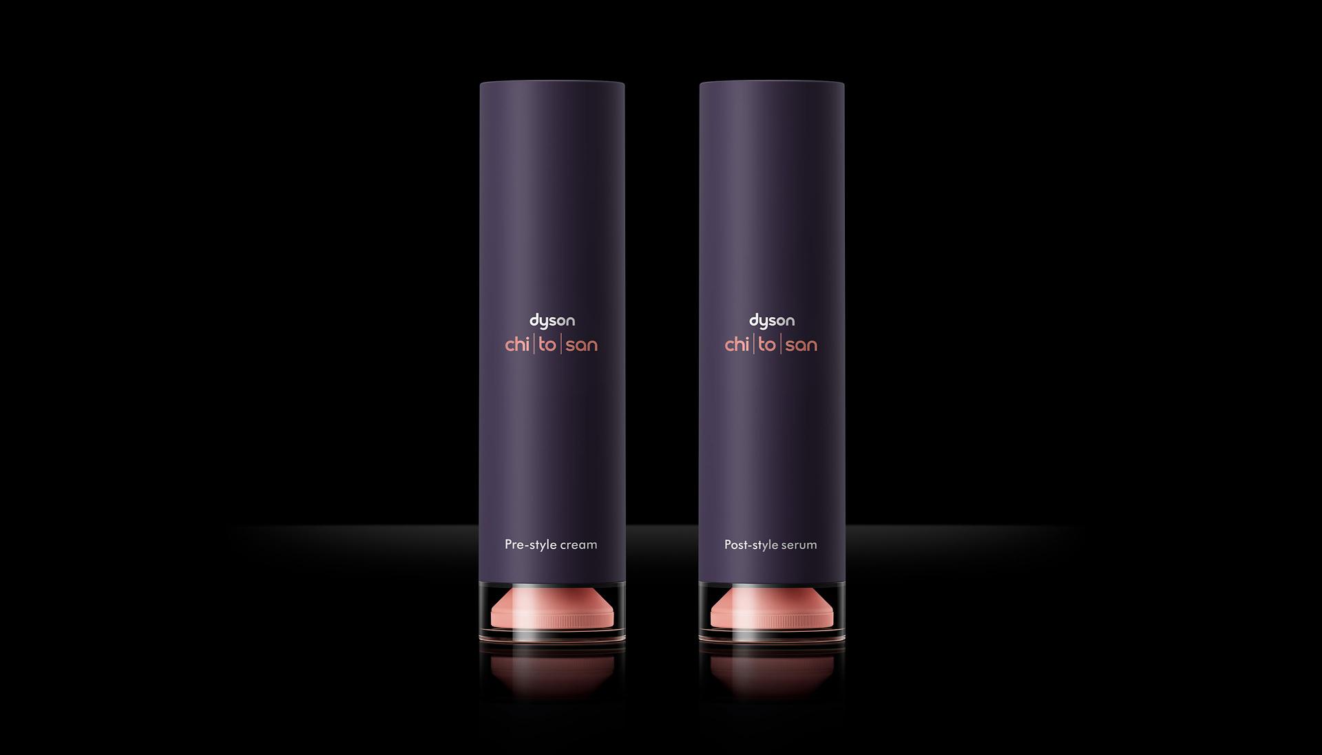 Dyson Chitosan styling products on black background