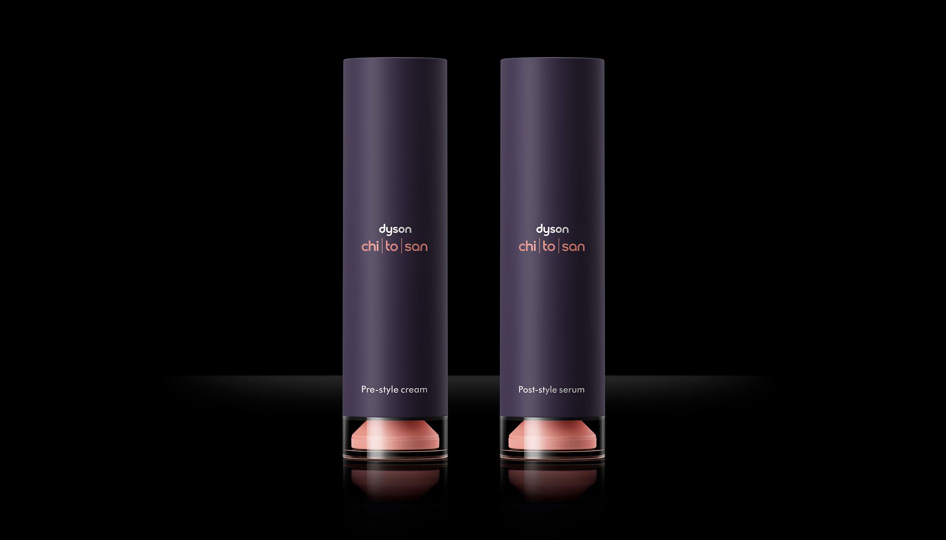Dyson Chitosan styling products on black background