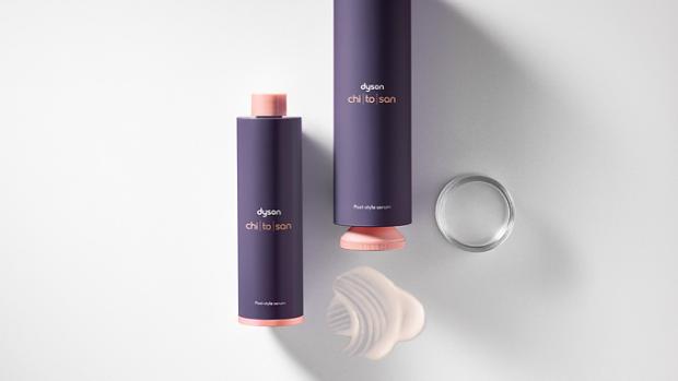 Side-by-side images of Dyson Chitosan Pre-style cream and Dyson Chitosan Post-style serum textures