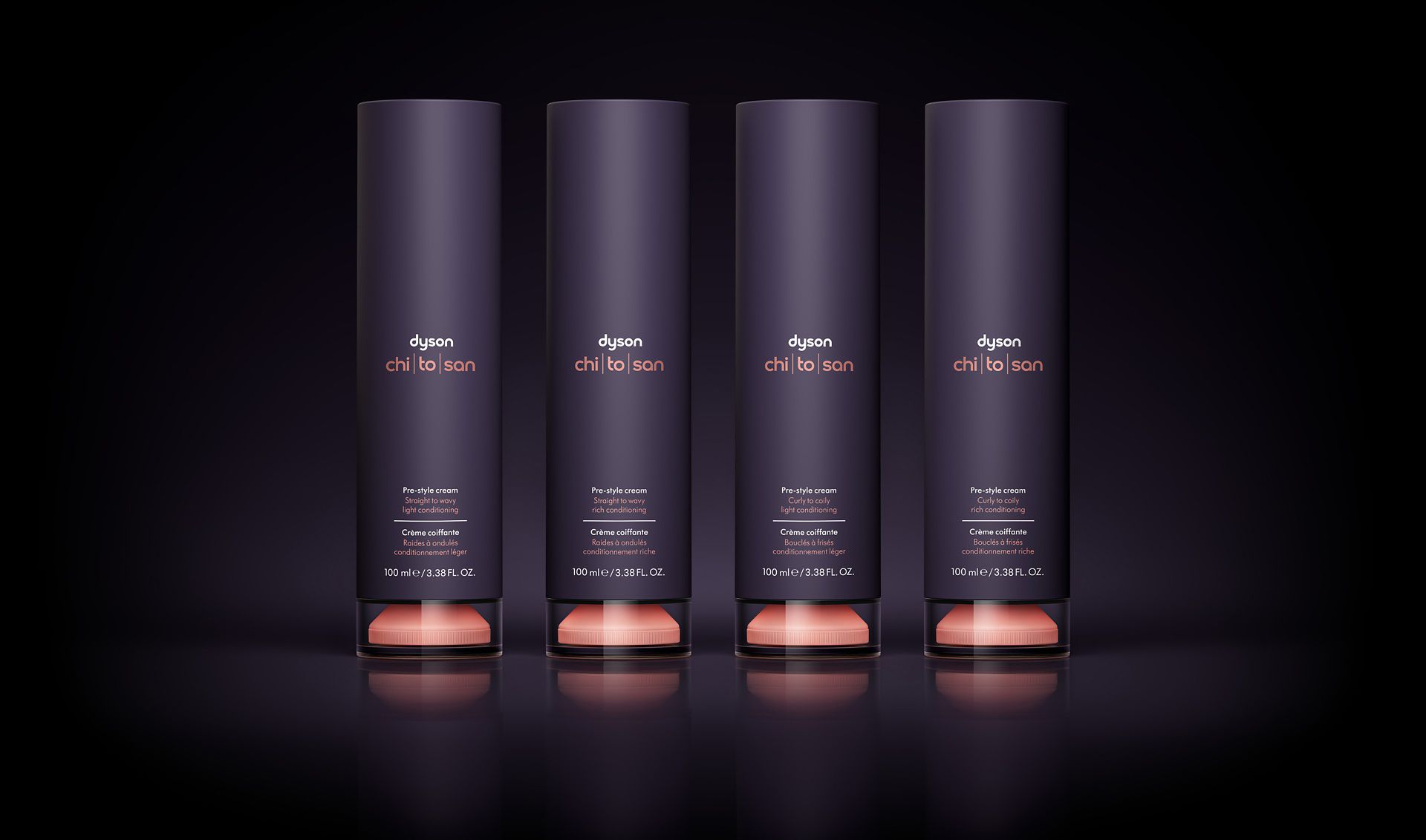 Four variants of Dyson Chitosan Pre-style cream on a black background
