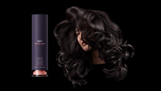 Side-by-side images showing model with dark curled hair next to Dyson Chitosan Pre-style cream and model with curly coily hair next to the Pre-style cream