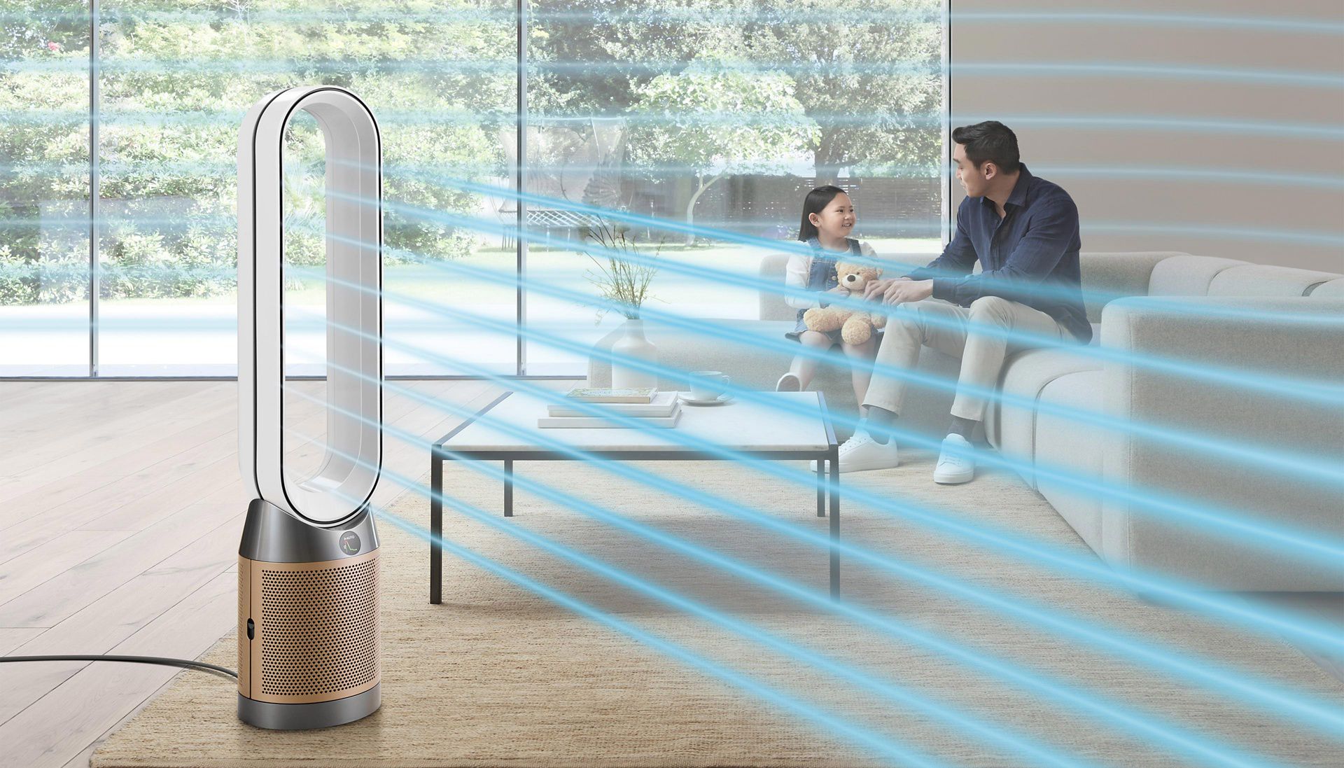 Dyson Purifier HEPA Cool Formaldehyde purifying fan purifiying the air of an open plan living room with a father and daughter in it
