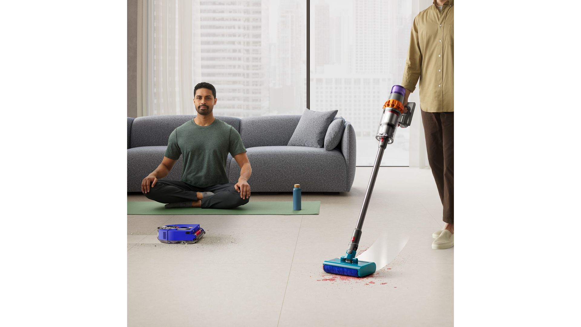 Dyson V15 Submarine and 360 Vis Nav vacuuming living room