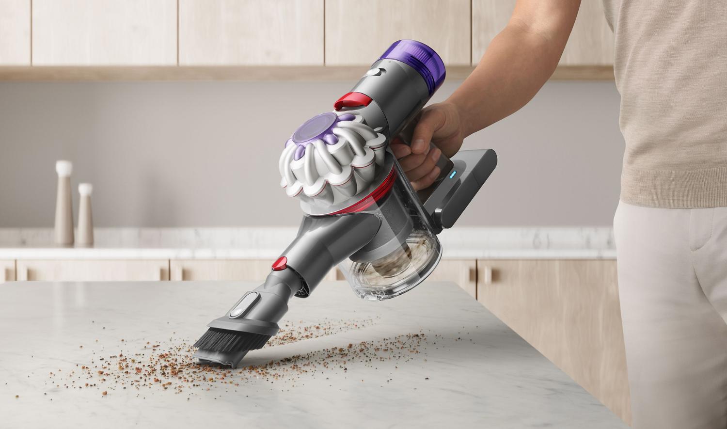 Dyson V8 vacuuming crumbs