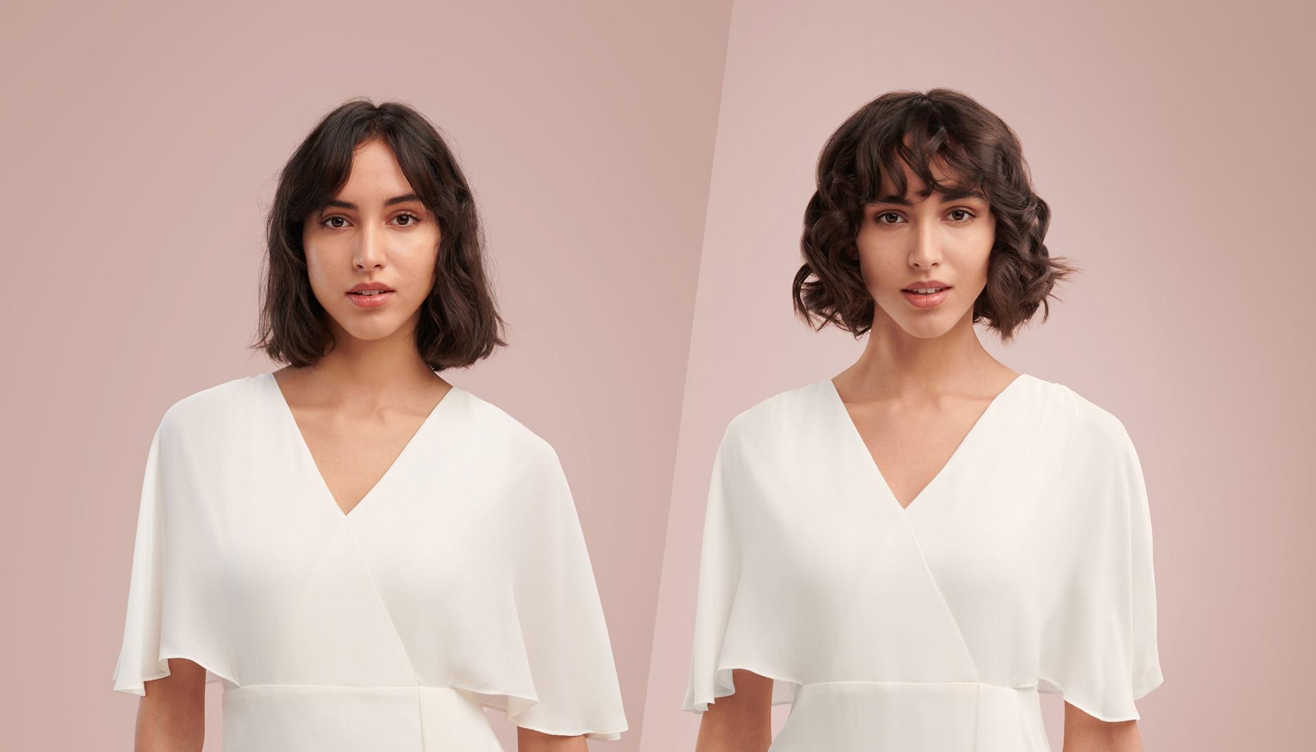 Two pictures of a model with short hair facing the camera. On one side she has a straight bob, on the other side she has a wavy pixie cut.