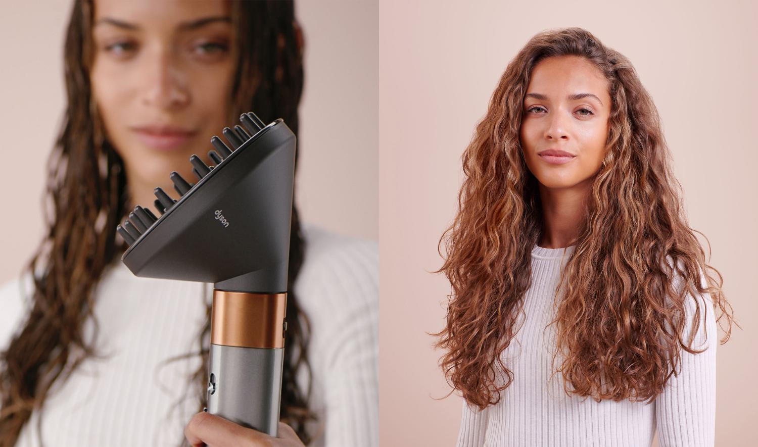 Dyson Airwrap multi-styler and dryer with Diffuser attachment on the left and beautiful beachy waves on the right