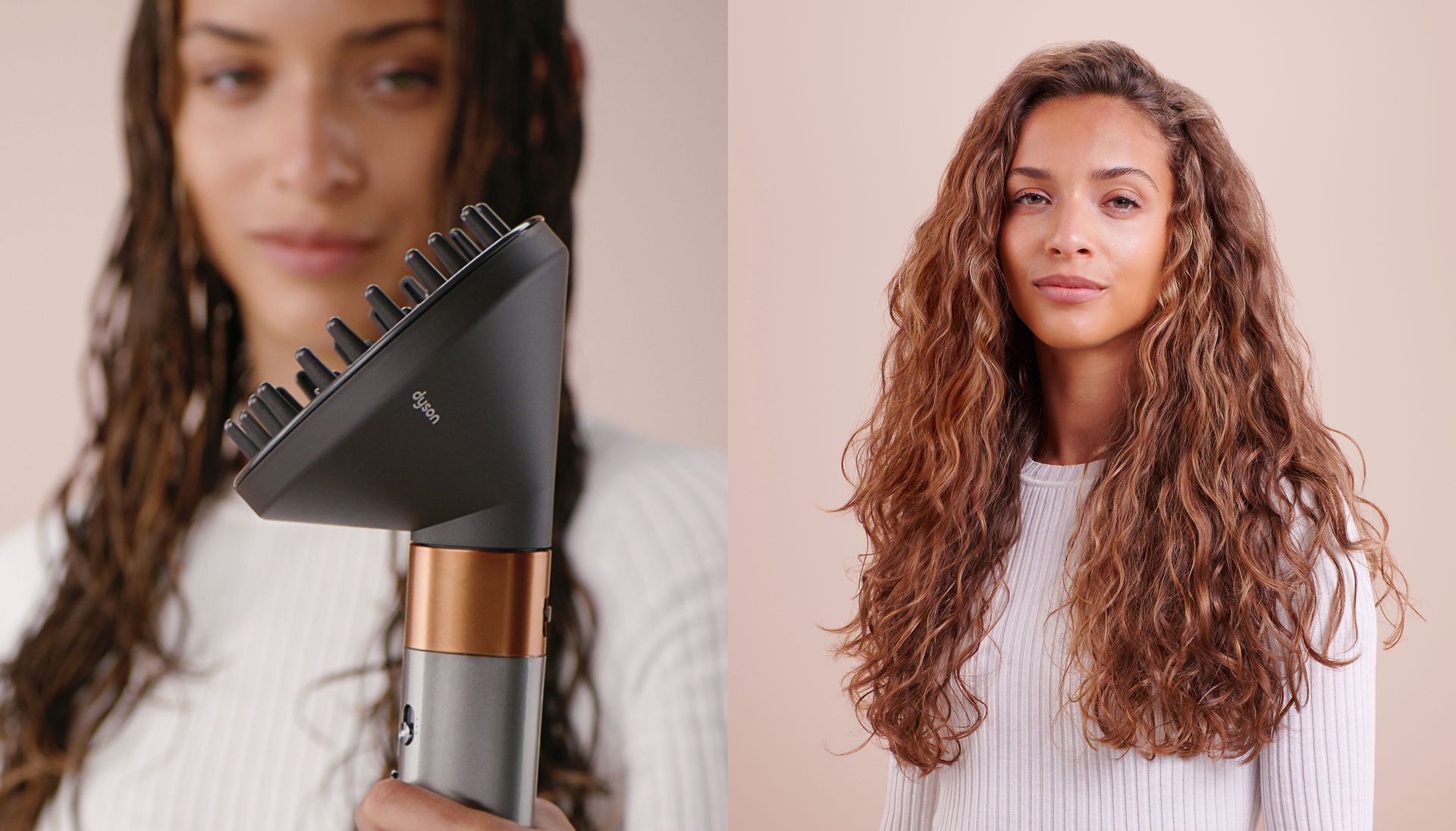 Dyson Airwrap multi-styler and dryer with Diffuser attachment on the left and beautiful beachy waves on the right