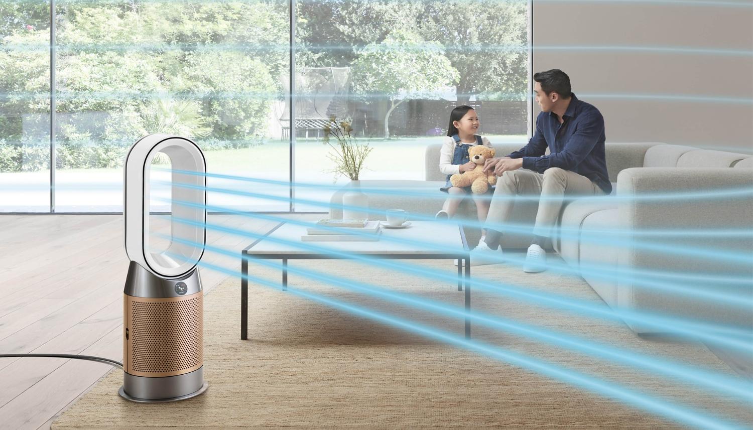 A Dyson air purifier cleans air in a living room and generates a powerful cooling airflow.