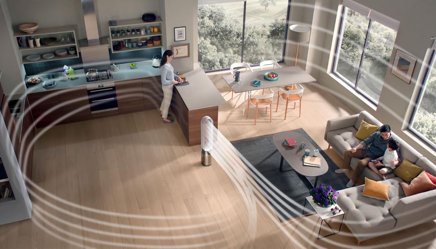 A high-angle view of a studio apartment with a Dyson purifier placed in the center. Graphic overlays show the powerful, purifying airflow generated by the machine that covers the whole space.